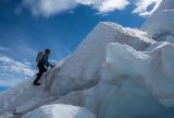 Climber in icefall, Hooker Glacier